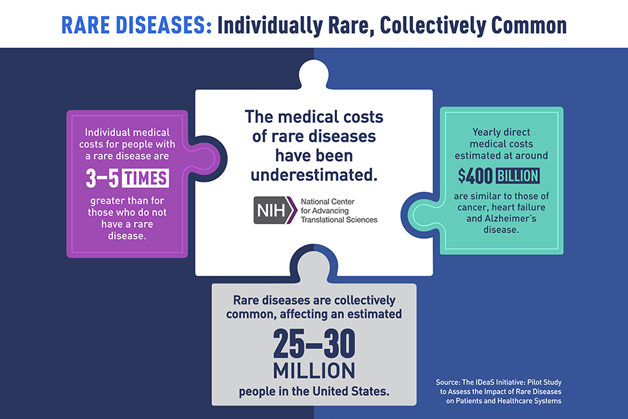 A graphic image that has stylized depictions of facts and statistics from the publication, The IDeaS Initiative: Pilot Study to Assess the Impact of Rare Diseases on Patients and Healthcare Systems.