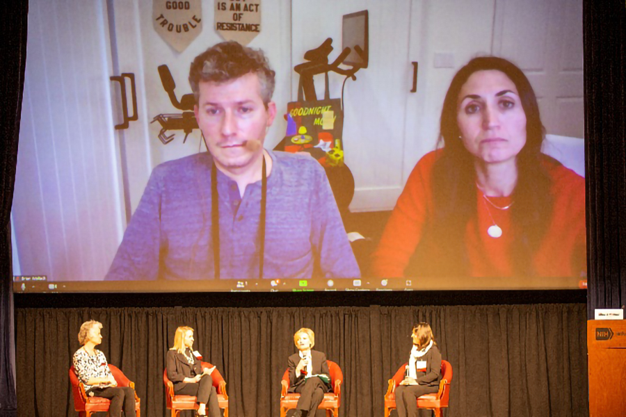 Brian Wallach, J.D., (top left) and Sandra Abrevaya, J.D., (top right) share advice with other rare diseases advocates.